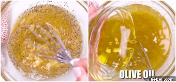 Mixing the salad dressing in a bowl with a whisk.