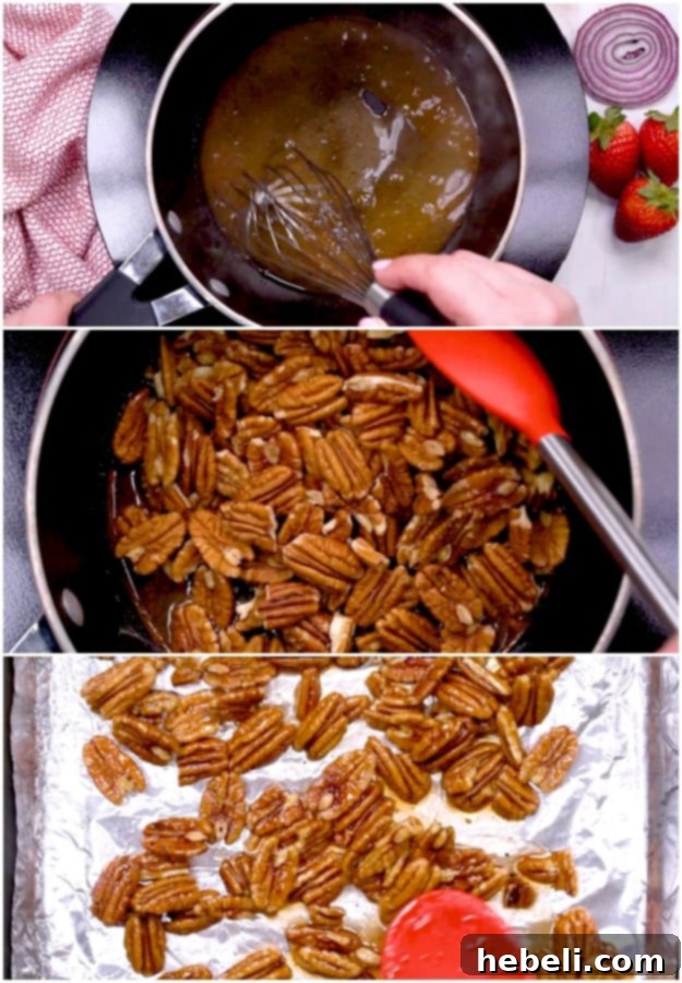 Making the glazed pecans in a saucepan, then spreading them on a baking sheet.