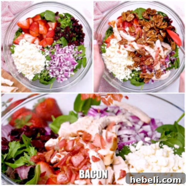 Various salad ingredients being mixed together in a large bowl.