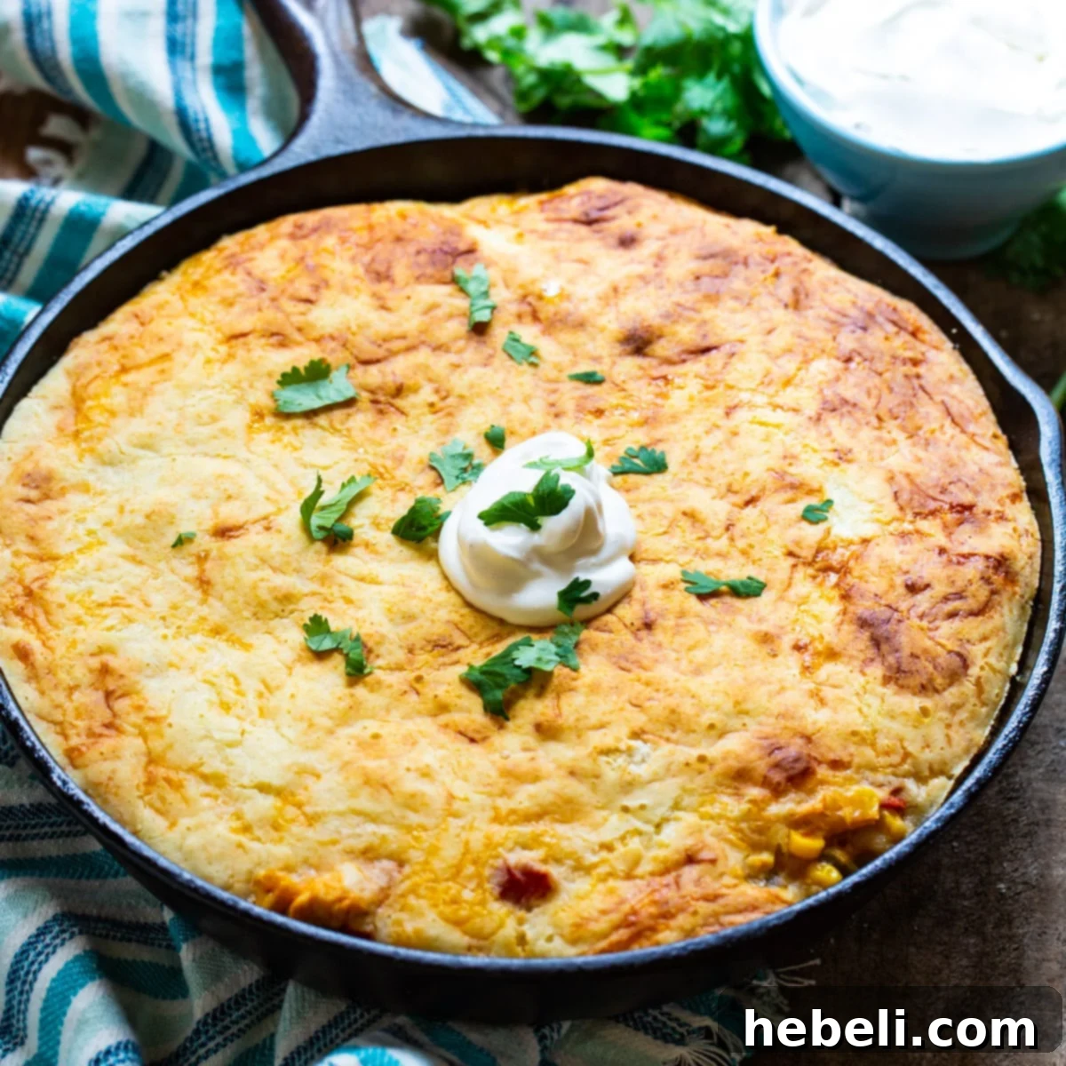 A vibrant Mexican Chicken Cornbread Casserole, golden and bubbly in a cast iron pan, ready to be served.