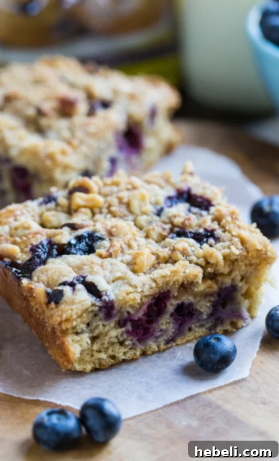 Guilt-Free Blueberry Coffee Cake 7 Final close-up of a delightful slice of Lightened-Up Blueberry Coffee Cake, perfectly baked and ready to be enjoyed