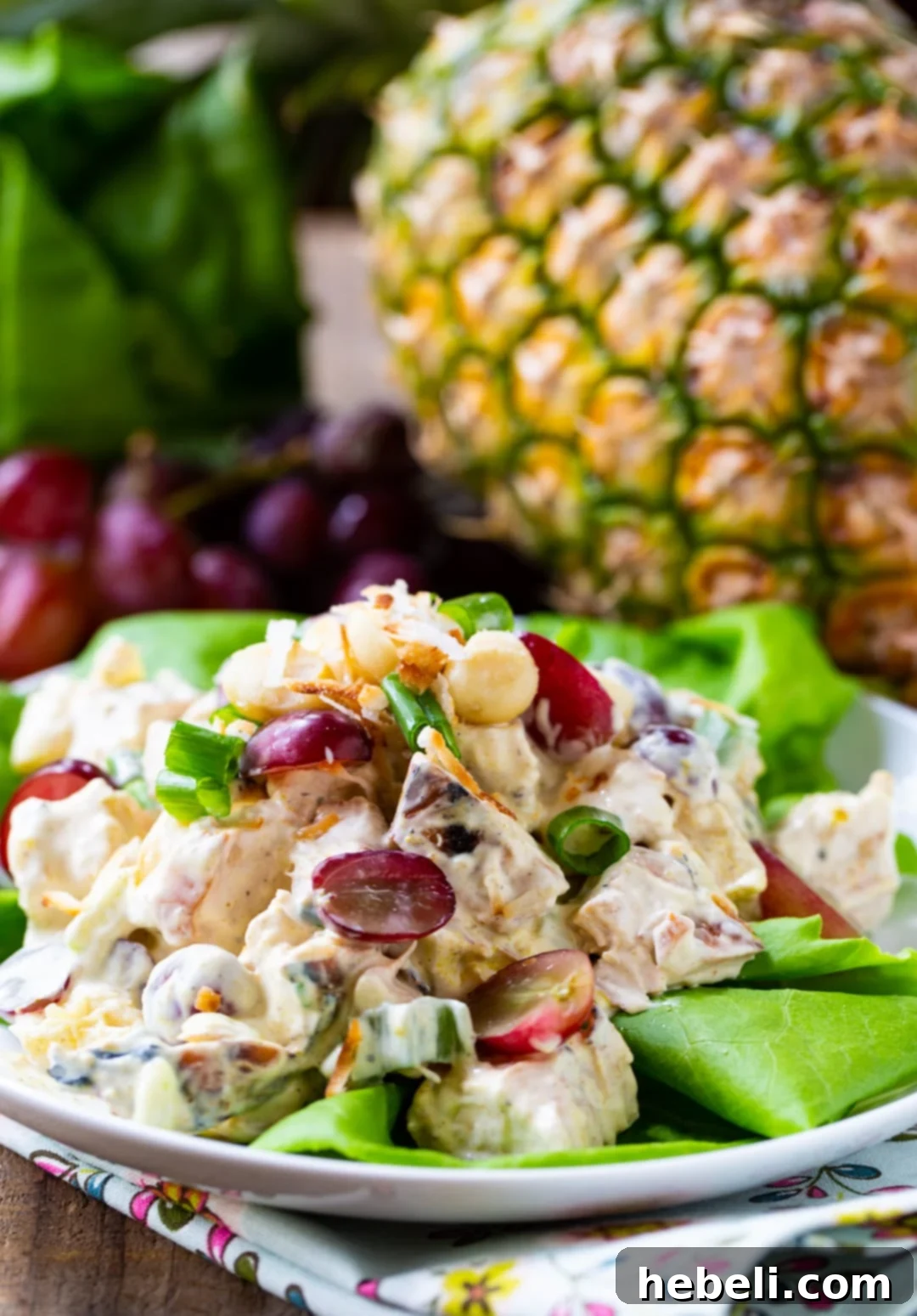 Island Chicken Salad 3 Close-up of Tropical Chicken Salad, showcasing chicken, pineapple, and grapes.