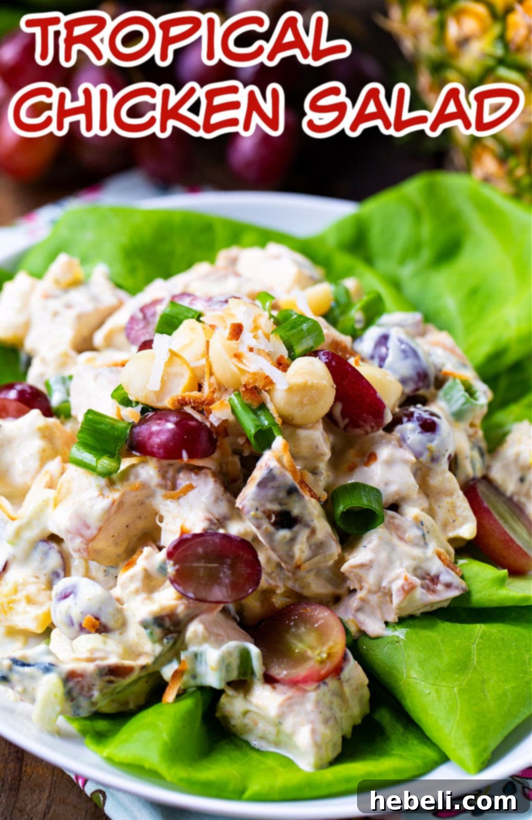 Island Chicken Salad 4 A bowl of Tropical Chicken Salad presented beautifully on a summer table.