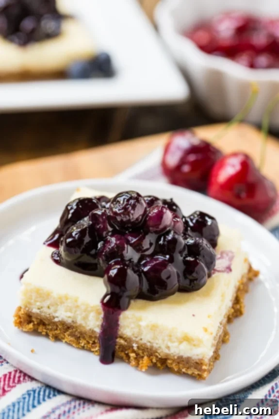 Close-up of Lightened-Up Cheesecake Bars showcasing the creamy filling and colorful blueberry and cherry fruit toppings.