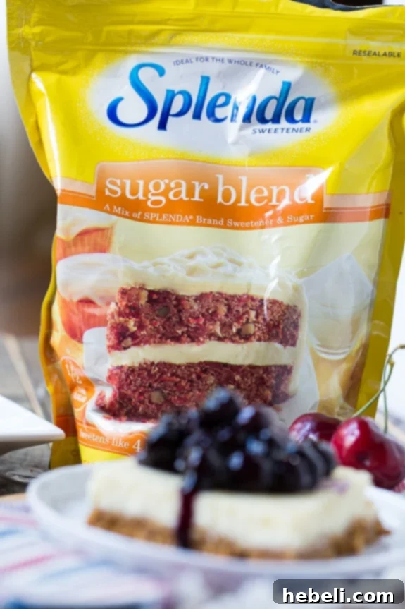 SPLENDA® Sugar Blend package prominently displayed next to a plate of Lightened-Up Cheesecake Bars, highlighting its role as the key ingredient for reduced sugar.