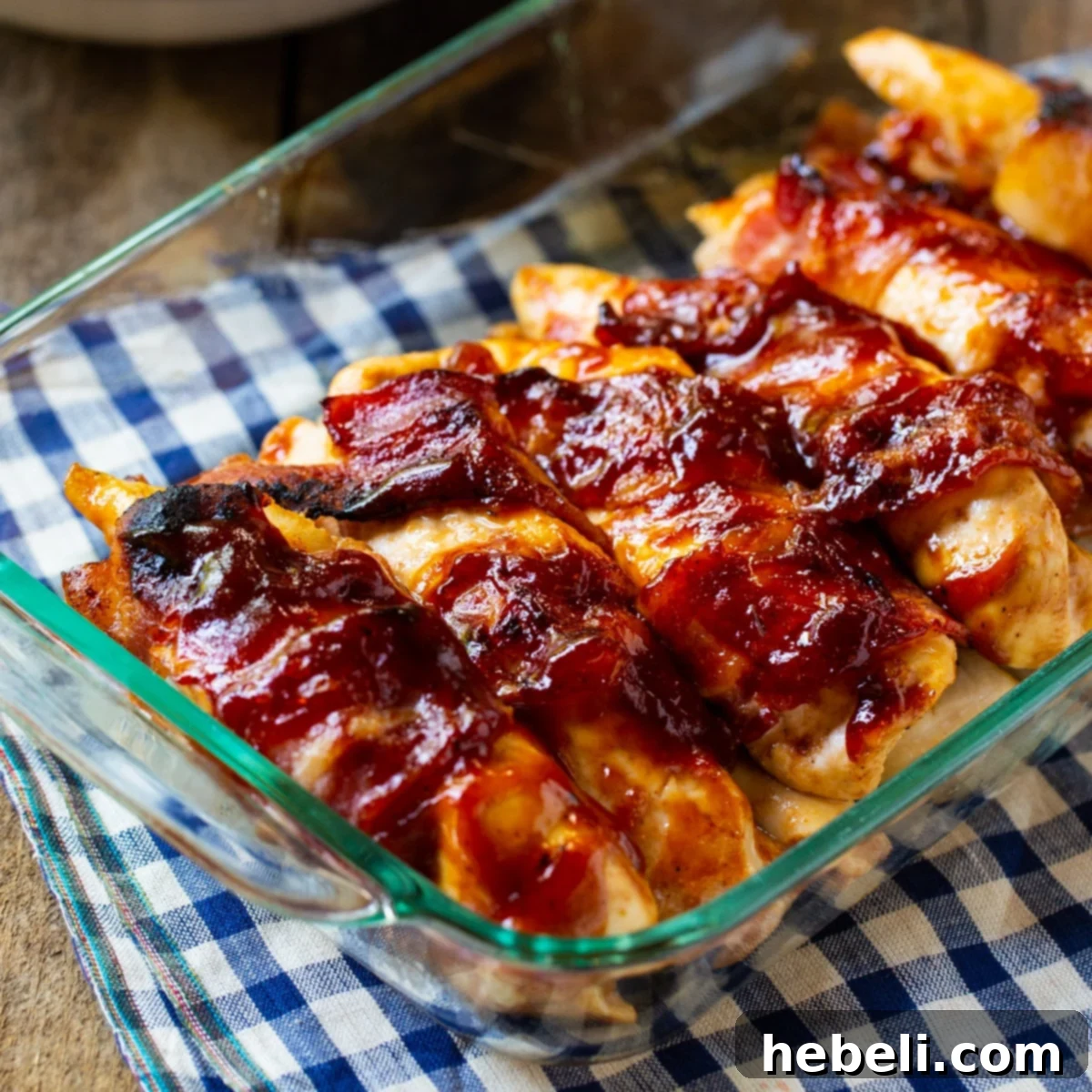 Jack Daniels Glazed Bacon Chicken 2 Juicy Bacon Wrapped Chicken with Jack Daniels BBQ Sauce, perfectly cooked in a baking dish, ready to be served.