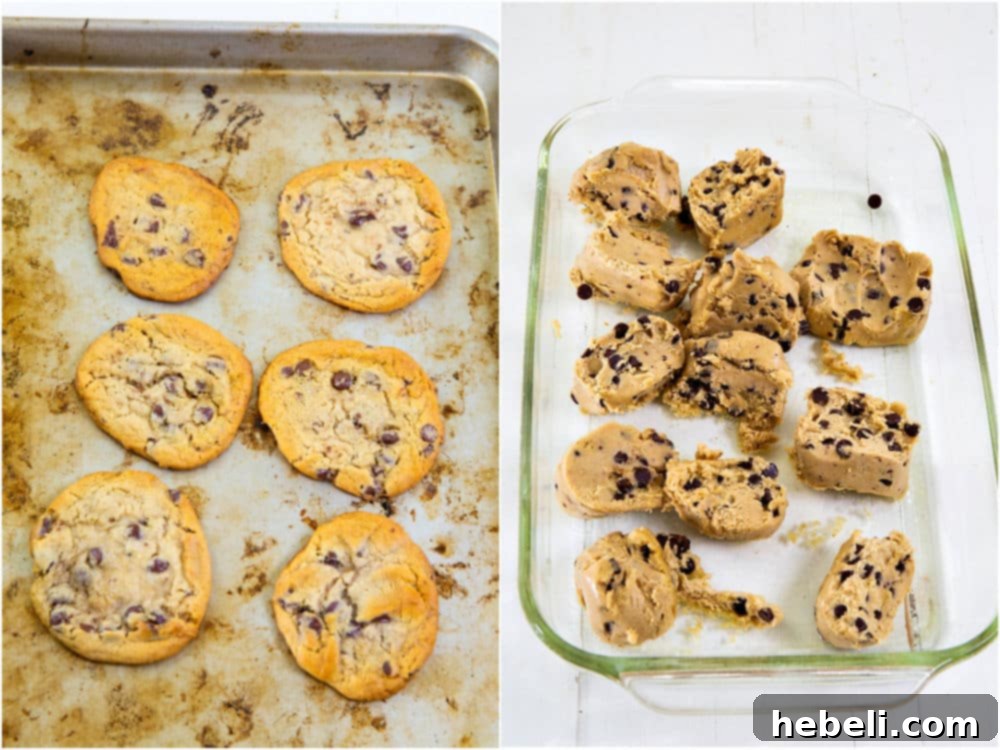 Two tubes of chocolate chip cookie dough, with a baking sheet of baked cookies and a 9x13-inch baking dish containing pressed cookie dough.