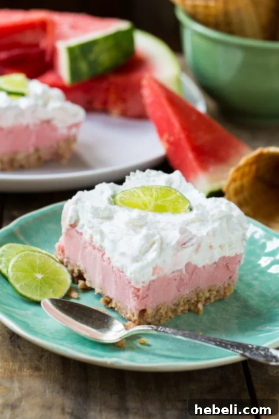 Beautifully layered Salted Sherbet Watermelon Bars ready to be served