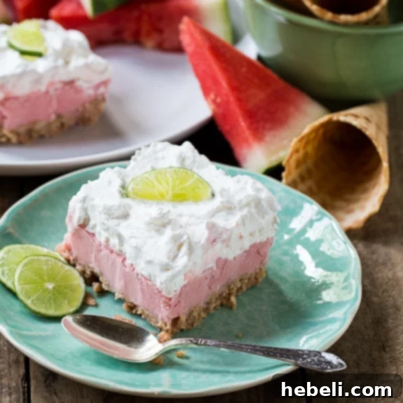Top view of the finished Salted Sherbet Watermelon Bars with a smooth whipped topping