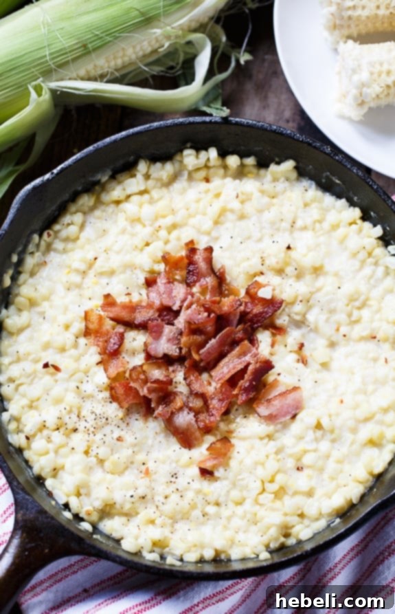 Close-up of Country-Fried Skillet Corn in a cast iron pan.