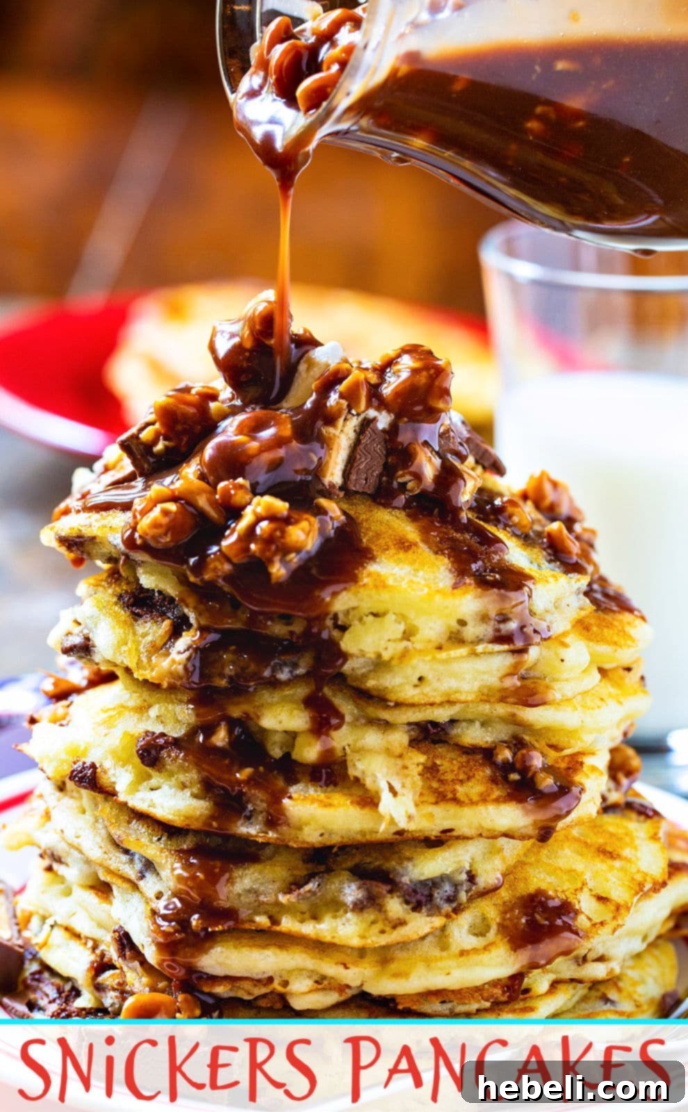 Snickers Pancakes with a decadent snickers syrup.