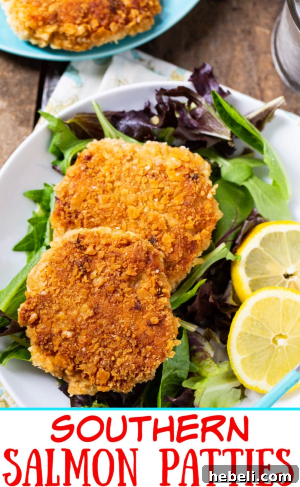 Classic Southern Salmon Cakes 4 Two freshly cooked Southern Salmon Patties on a bed of fresh mixed greens.