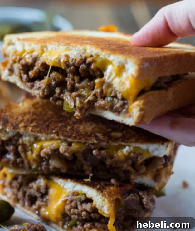 Sloppy Joe Grilled Cheese - showing the exterior of the grilled sandwich with its golden, buttery crust.