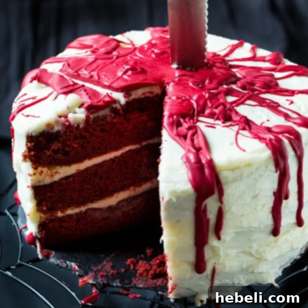 Velvet Crimson Decadence 2 Bloody Red Velvet Cake, the ultimate gory Halloween dessert.
