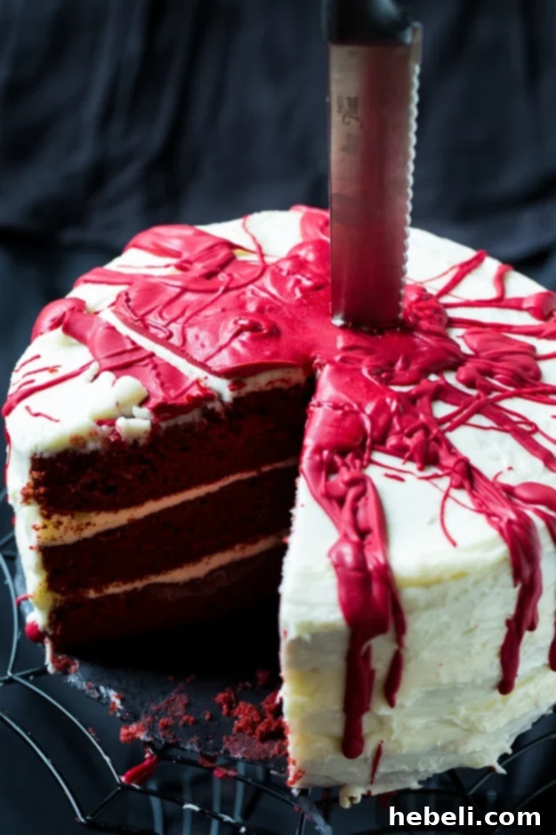 Velvet Crimson Decadence 3 Bloody Red Velvet Cake will add some gore to your Halloween party.