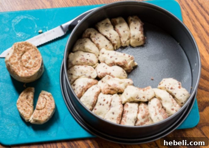 Cinnamon Swirl Cheesecake 4 Close-up shot of a cinnamon roll crust arranged in a springform pan, showing the individual cinnamon roll halves pressed together to form the base of the cheesecake.