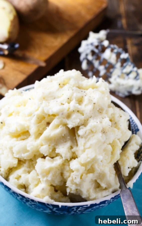 Fluffy and creamy mashed potatoes ready to be served, a perfect side dish.