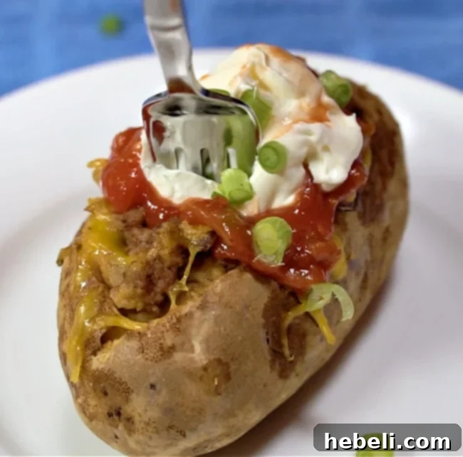 Hero shot of finished Double Stuffed Taco Potato, ready to eat.