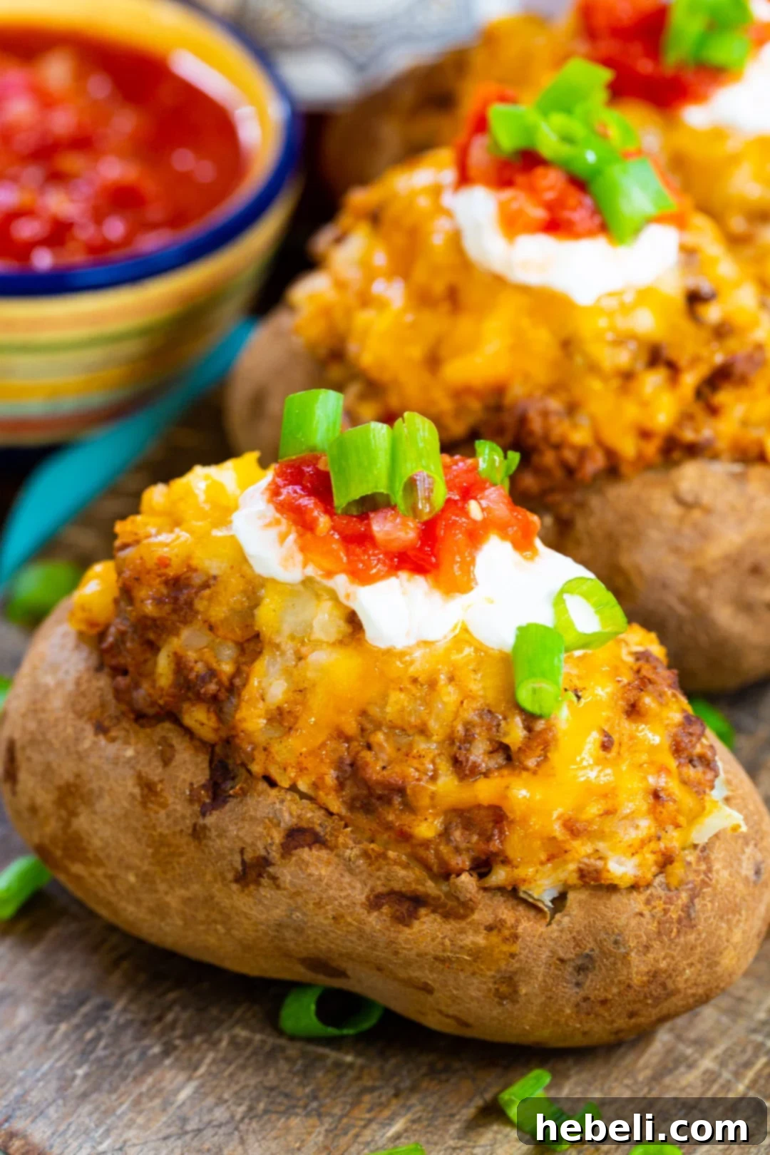 Stuffed Potatoes topped with generous dollops of sour cream and vibrant salsa, ready to be served.