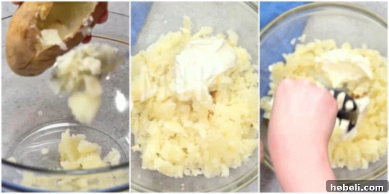 Mashing the potato mixture with sour cream and milk.