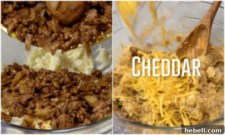 Mixing in taco mixture and cheese with the mashed potatoes.