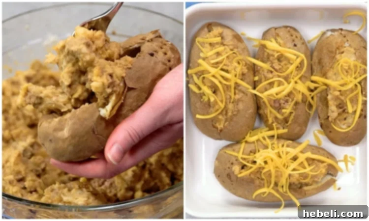 Stuffing the potato mixture back into the skins.