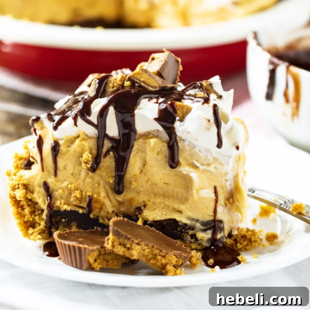 A delectable slice of Peanut Butter Pie on a white plate, garnished with chopped peanut butter cups and chocolate drizzle, showcasing its creamy texture and distinct layers.