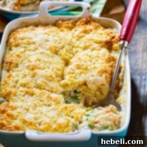 Chicken Pot Pie with Biscuit Topping, golden brown and ready to serve.
