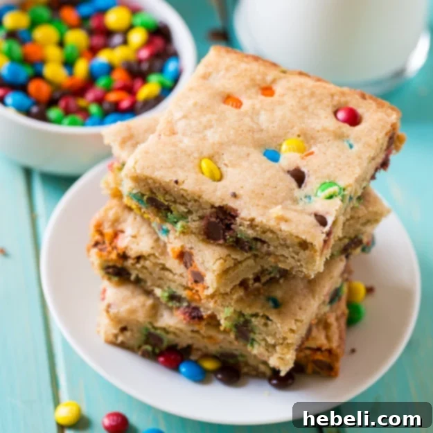 Close-up of freshly baked M&M Blondies with colorful candies