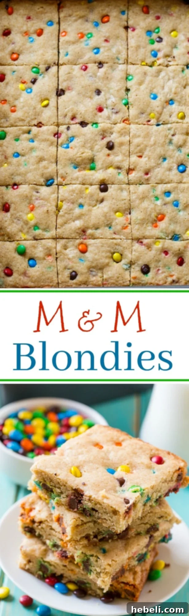 M&M Blondies cooling on a wire rack, showcasing their chewy texture