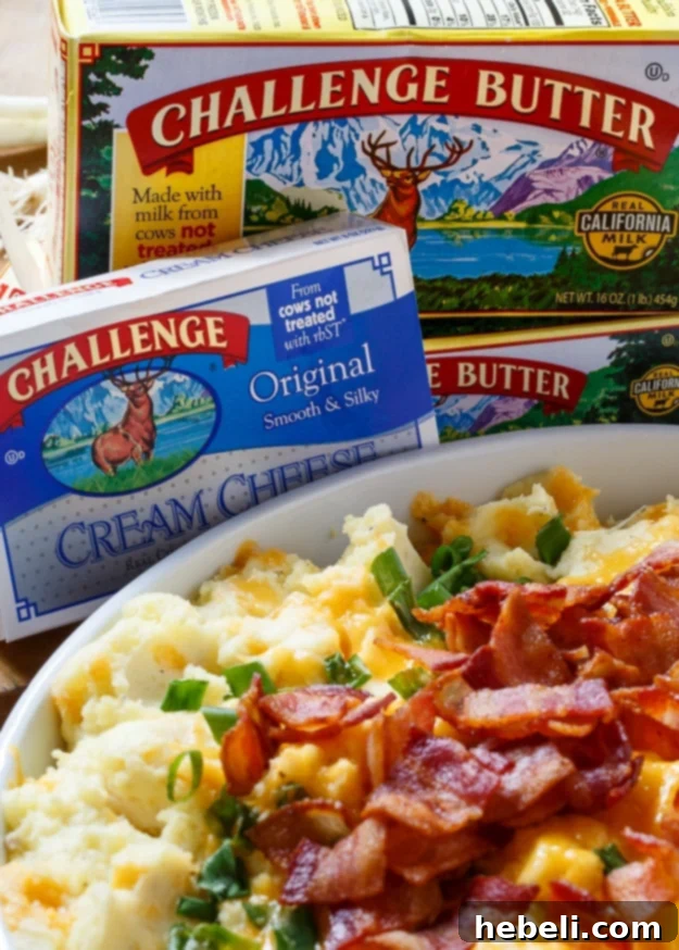 Loaded Mashed Potato Casserole ingredients featuring Challenge Butter.