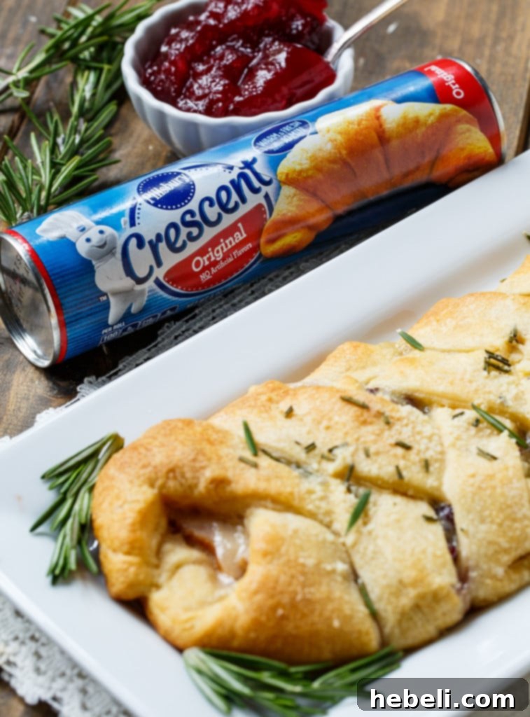 Festive Turkey Cranberry Brie Crescent Braid 6 Ingredients laid out for Turkey, Cranberry, and Brie Crescent Braids: sliced turkey, cranberry sauce, Brie cheese, fresh rosemary, grated Parmesan, and crescent dough