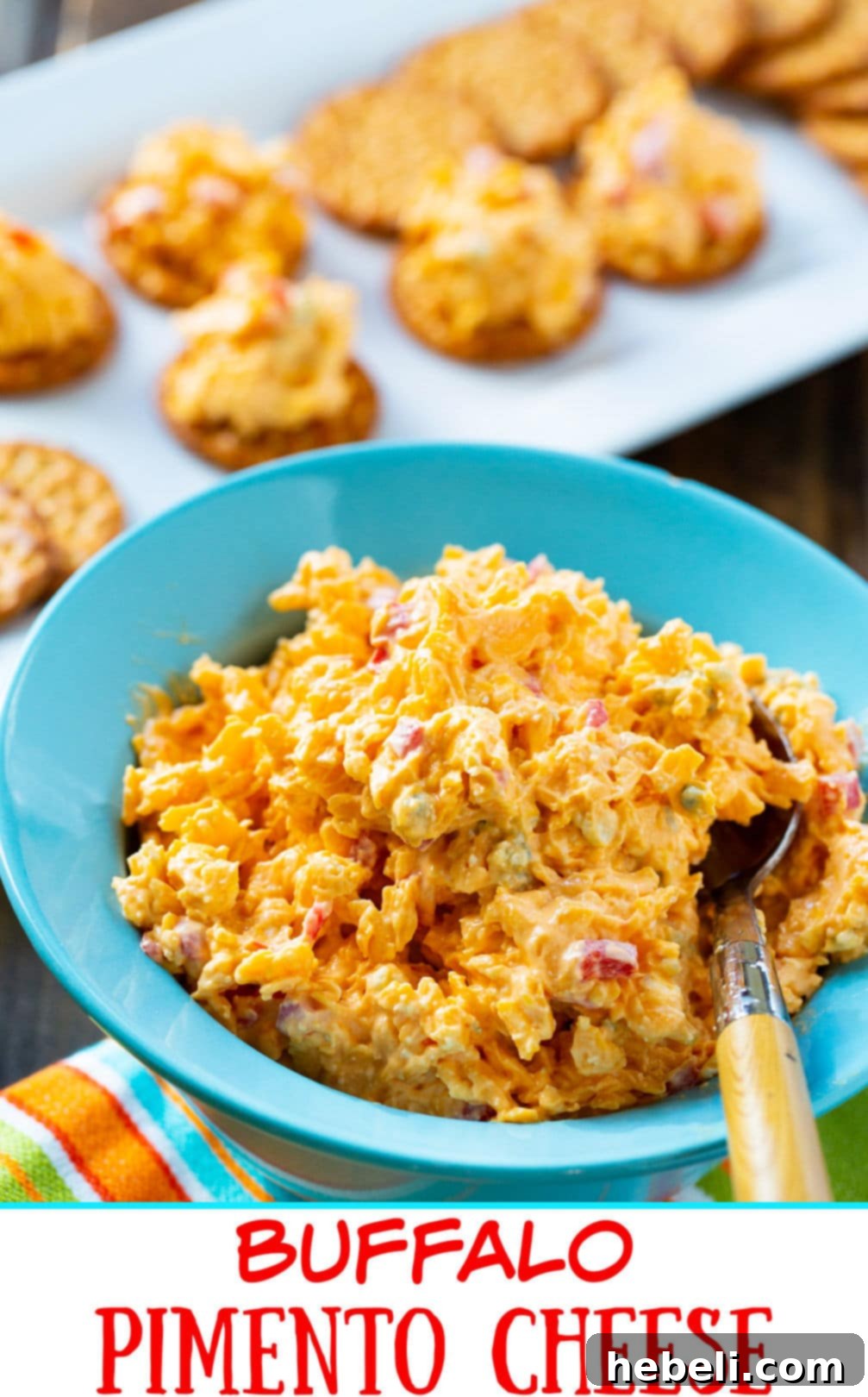 Kickin' Buffalo Pimento Spread 5 A large, inviting bowl of Buffalo Pimento Cheese, expertly garnished and ready for any gathering.