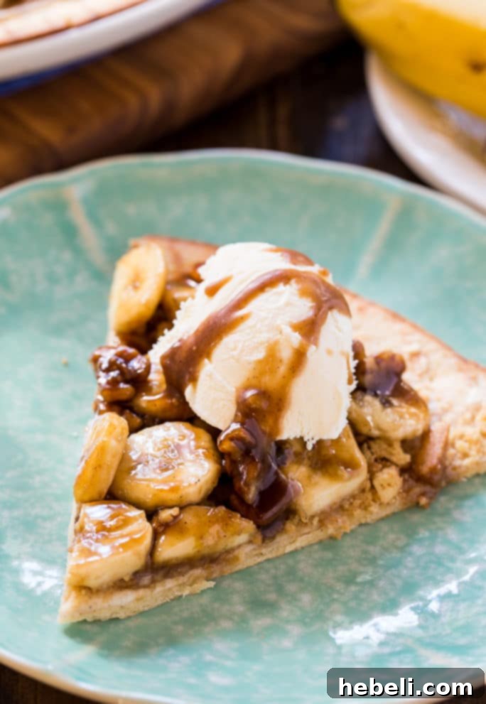 Full Bananas Foster Dessert Pizza on a serving platter
