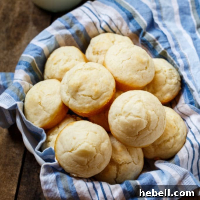 Freshly baked Mayonnaise Biscuits in a muffin tin, golden brown and fluffy.