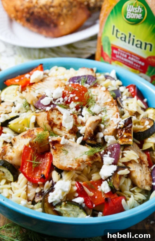 Orzo Pasta Salad with Chicken and Roasted Vegetables in a bowl