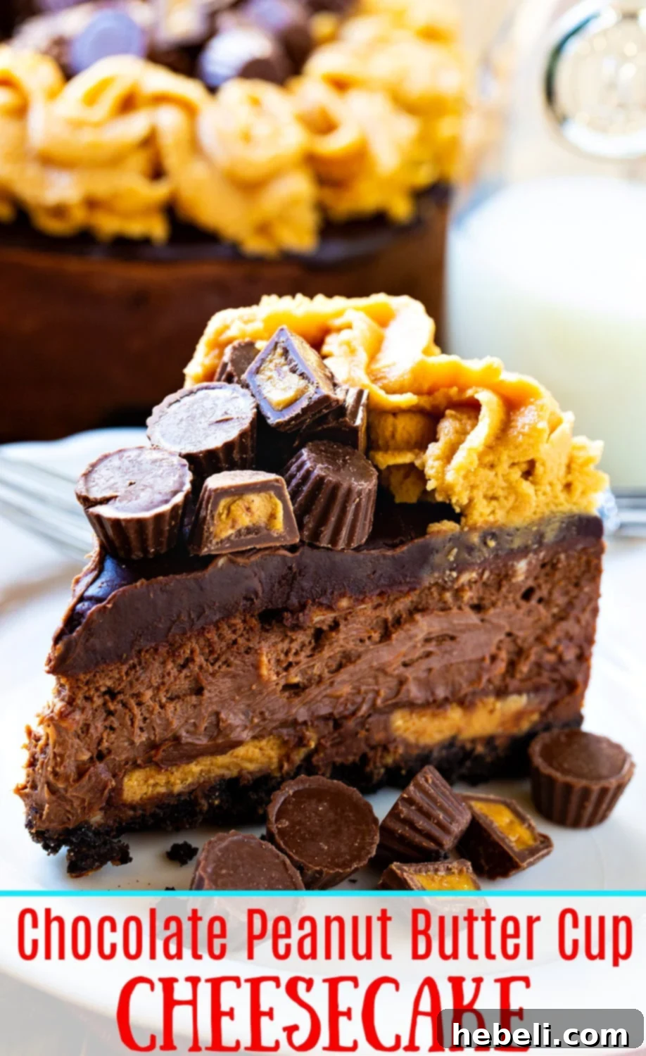 Decadent Chocolate Peanut Butter Cup Cheesecake 7 Another enticing angle of the Chocolate Peanut Butter Cup Cheesecake, emphasizing its rich, smooth texture and abundant toppings.