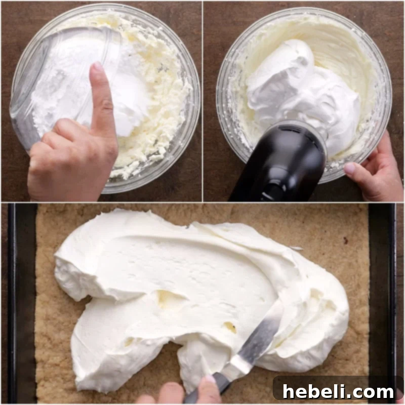 Preparing the smooth and creamy cream cheese layer for Butterscotch Lush.