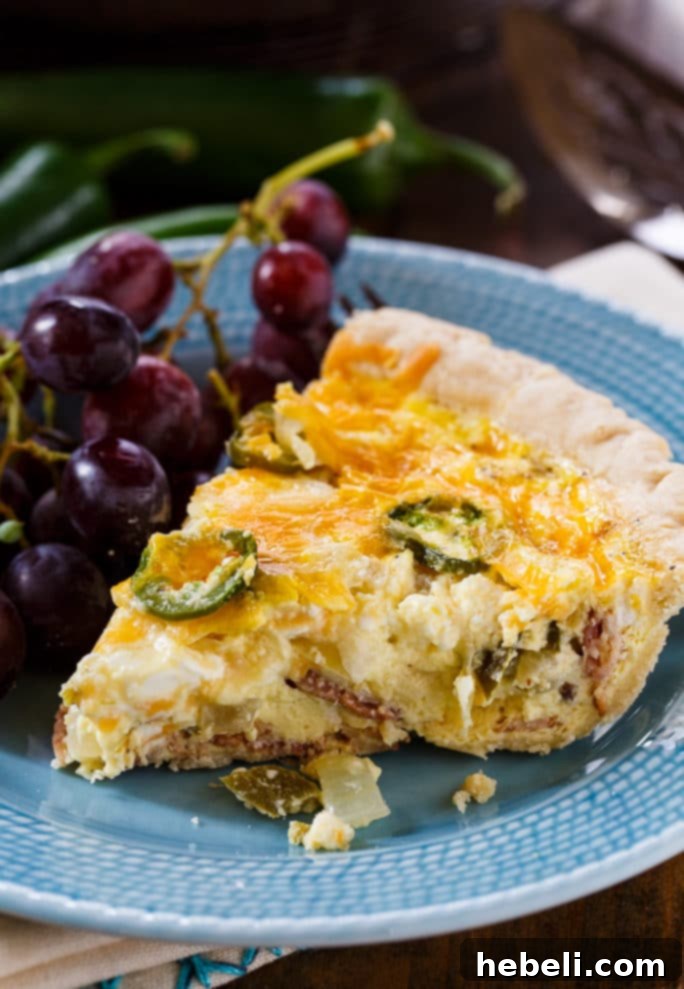 Spicy Cheesy Jalapeño Quiche 5 Jalapeno Popper Quiche with bacon and cream cheese.