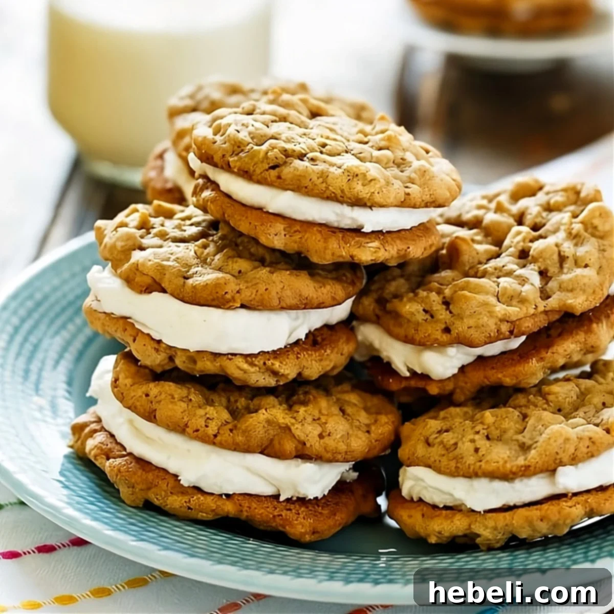 Chewy Oatmeal Sandwich Cookies 2 A towering pile of golden brown Oatmeal Sandwich Cookies with visible creamy filling, artfully arranged on a plate, inviting you to take a bite.
