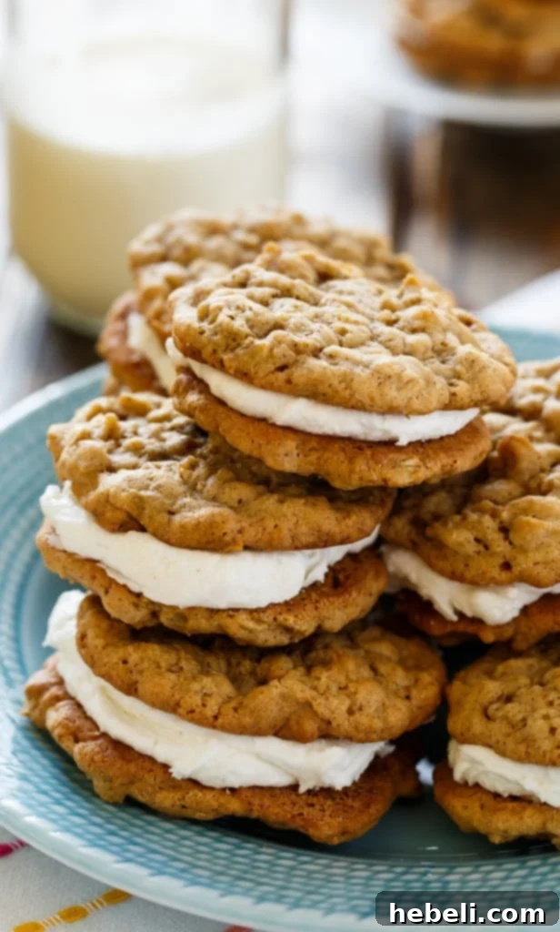 Chewy Oatmeal Sandwich Cookies 3 Close-up shot of a single Oatmeal Sandwich Cookie, perfectly split to reveal the distinct texture of the chewy oatmeal cookies and the luscious, fluffy marshmallow filling layered generously in between.