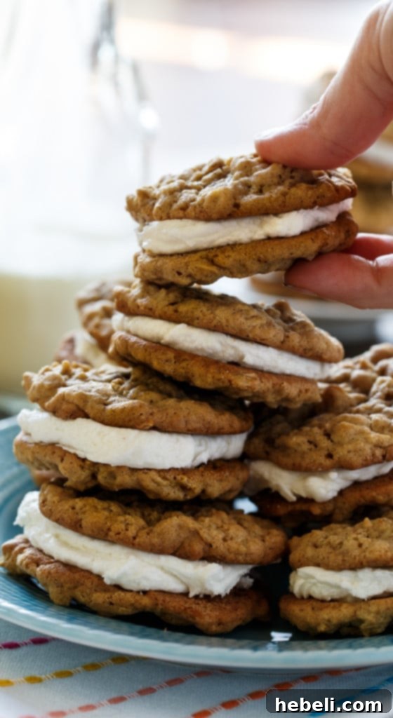 Chewy Oatmeal Sandwich Cookies 5 Several Oatmeal Sandwich Cookies presented beautifully on a rustic wooden board, emphasizing their homemade charm and inviting texture.