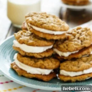 Chewy Oatmeal Sandwich Cookies 7 A beautifully assembled Oatmeal Sandwich Cookie on a plate, showcasing its soft, chewy cookies and thick, creamy marshmallow filling.