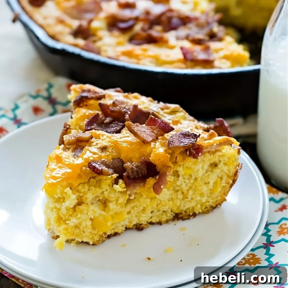 A golden-brown slice of Bacon Cheddar Cornbread on a small white plate, showcasing crispy bacon bits and melted cheddar cheese.
