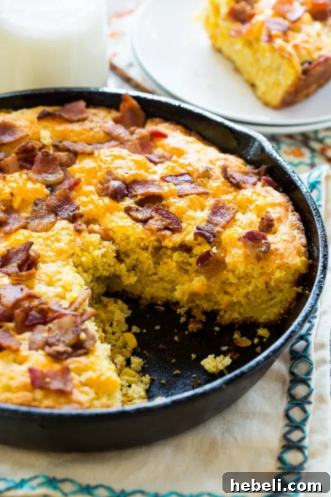 Cornbread batter mixed with bacon and cheddar cheese, ready to be poured into the hot cast iron skillet.