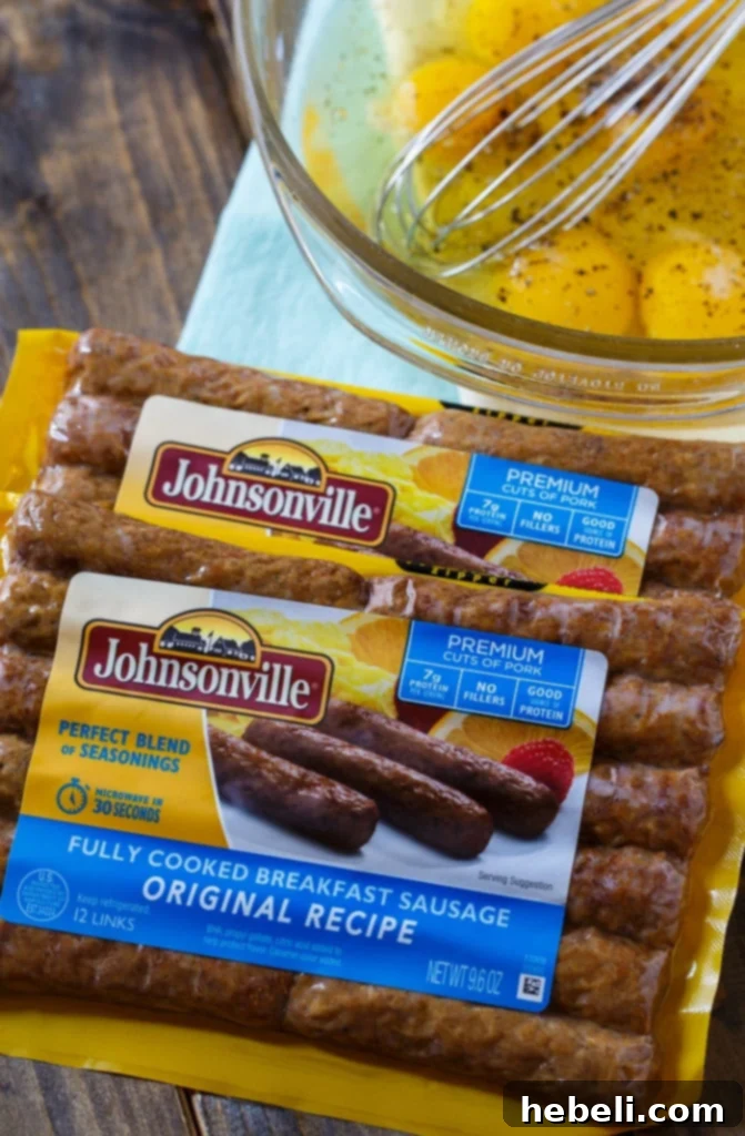 Breakfast Tater Tot Casserole featuring Johnsonville pre-cooked sausage, eggs, and cheese.