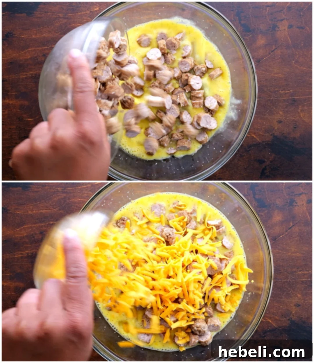 Adding sliced sausage and half the shredded cheese to the whisked egg mixture.