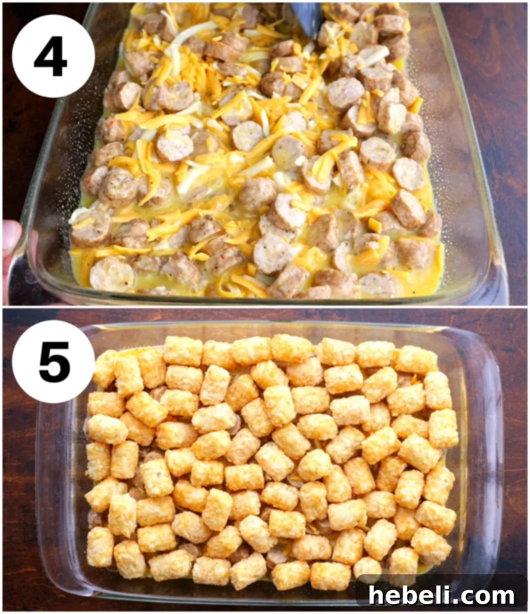 Egg mixture poured into a baking dish with frozen tater tots arranged on top.