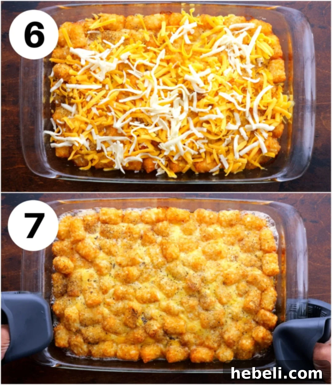 Shredded cheese sprinkled on top of the cooked tater tot casserole, ready for final melting.