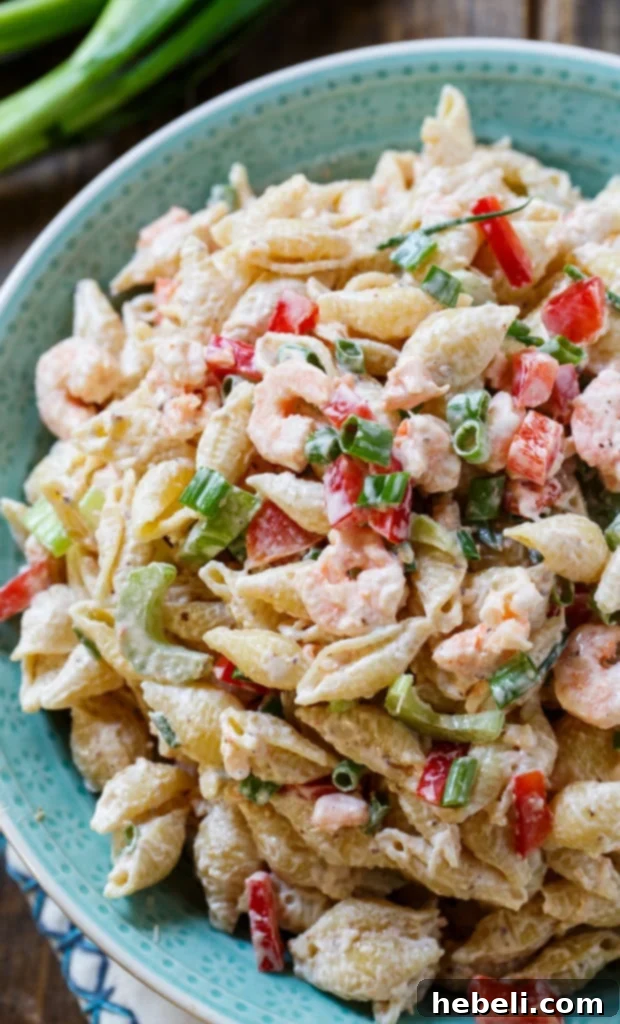 Delicious Remoulade dressing coating the pasta and shrimp in the salad